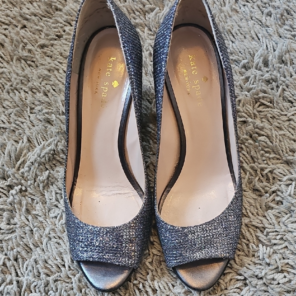 Kate Spade Glittering Silver Peep Toe Heels